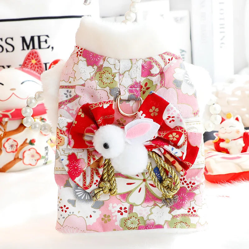Dog skirt Cat Princess Romantic Cherry Blossom Kimono Cotton-padded Small Dog Teddy Pet Clothes