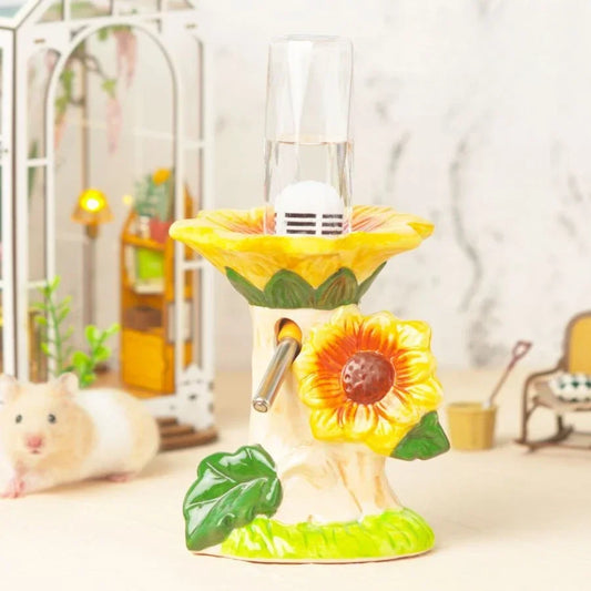 Sunflower Ceramic Hamster Water Bottle Holder Leak-Proof Design Cute Decorative Water Dispenser for Hamsters Gerbils Small Pets