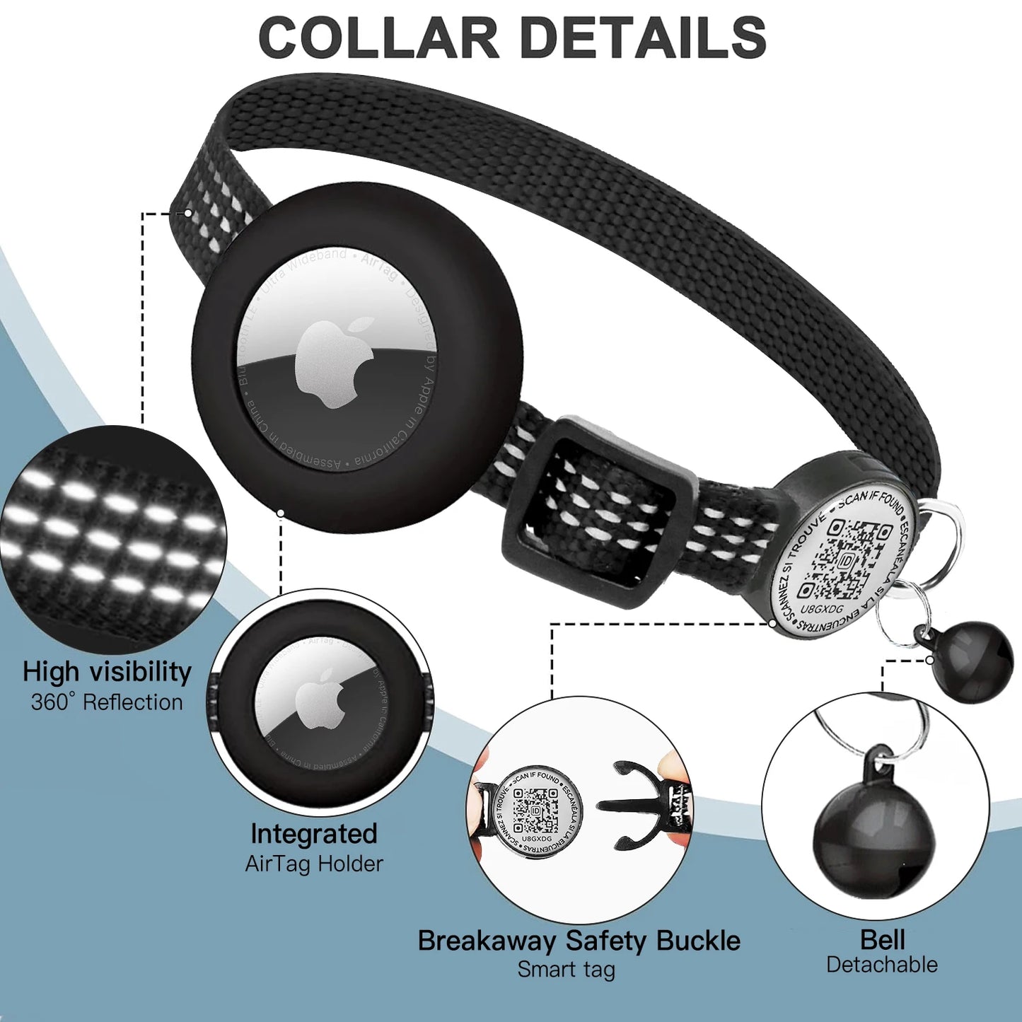 for AirTag GPS Cat Collar with QR Tag, Reflective Apple Tag Pet Collar with Air Tag Holder & Cat Tag, AIRTAG Case Kitten Collar