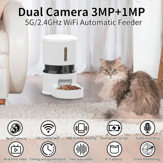 Automatic Cat Feeder 2 Cameras 1080P 5GHz WiFi Cat Food Dispenser Timed Programmable Pet Food Dispenser with Dual