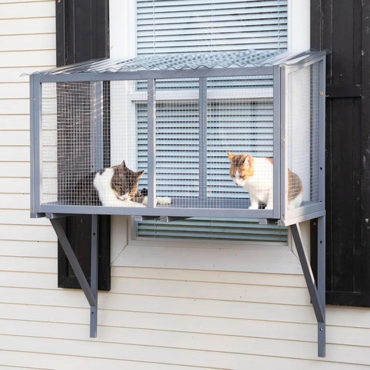 Wooden Catio, Weatherproof Outdoor Cat Enclosure with Galvanized Mesh and PVC Corrugated Tiles, Cat Window Perch