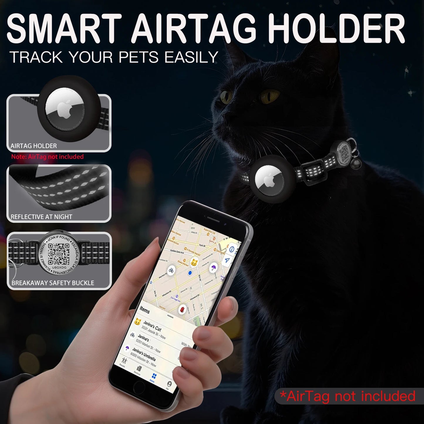 for AirTag GPS Cat Collar with QR Tag, Reflective Apple Tag Pet Collar with Air Tag Holder & Cat Tag, AIRTAG Case Kitten Collar