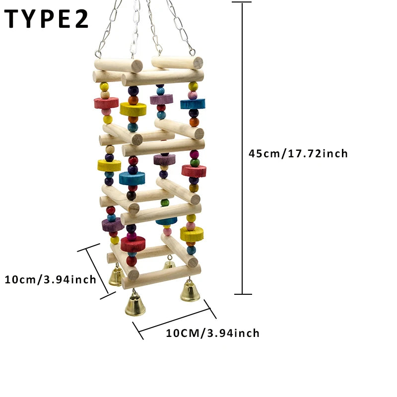 Wooden Parrot Hanging Rainbow Hammock training Ladder Toys With Bells Bird Cage Pet Accessories For Large Small Birds