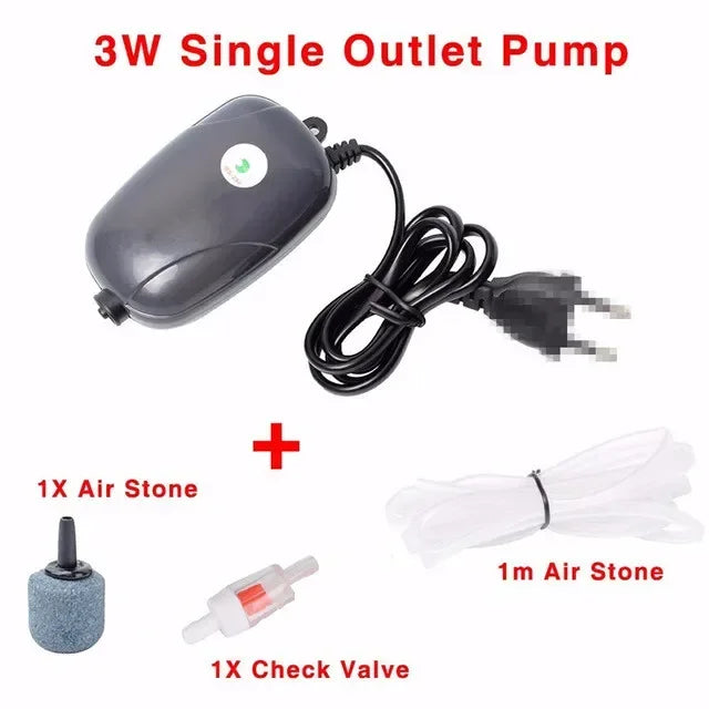 Aquarium Air Pump Fish Tank Mini Compressor Single Double Outlet with Check Valve Tube Aquatic Accessories 220V 3W 5W