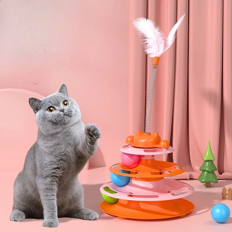 1pcs 4-Layer Feather Cat Turntable with Fun Toy Ball and Playing Stick – Interactive Entertaining Toy for Cats to Bat, Chase, and Play