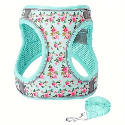 HP386--Pet cat & dog printed vest style harness, 360° fit to the pet's body shape, 1.5-meter dog rope