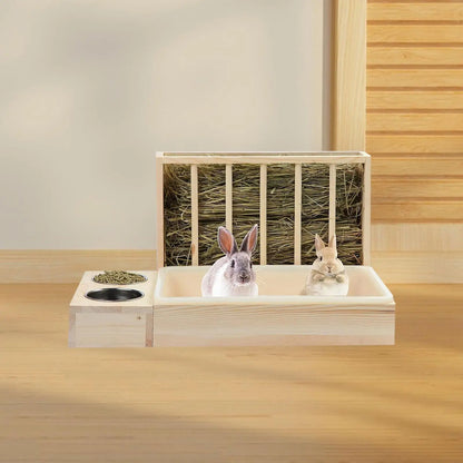 Rabbit Hay Feeder with Litter Box,Hay Holder with Bowls Less Waste Wood Bunny Hay Feeder for Guinea Pig Bunny Small Animals