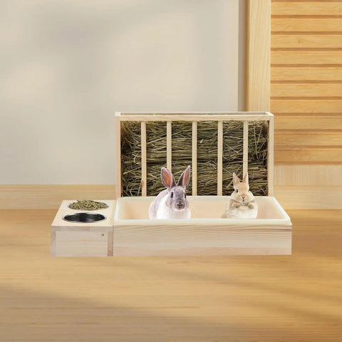 Rabbit Hay Feeder with Litter Box,Hay Holder with Bowls Less Waste Wood Bunny Hay Feeder for Guinea Pig Bunny Small Animals