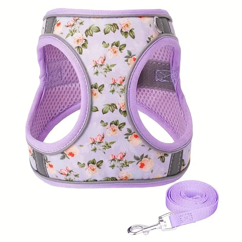 HP386--Pet cat & dog printed vest style harness, 360° fit to the pet's body shape, 1.5-meter dog rope