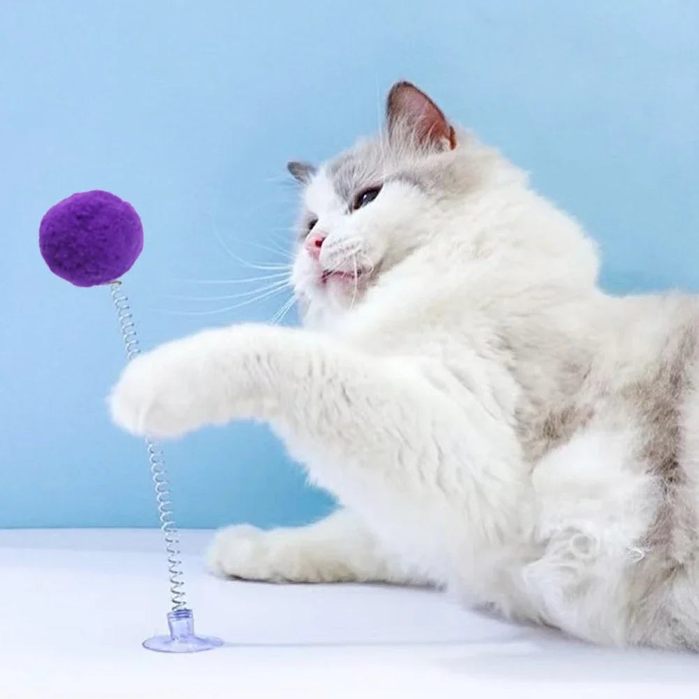 1pc Fur Ball Spring Cat Toy Suction Cup Multicolored Teaser Wand Interactive Toys Cat Scratcher Toys