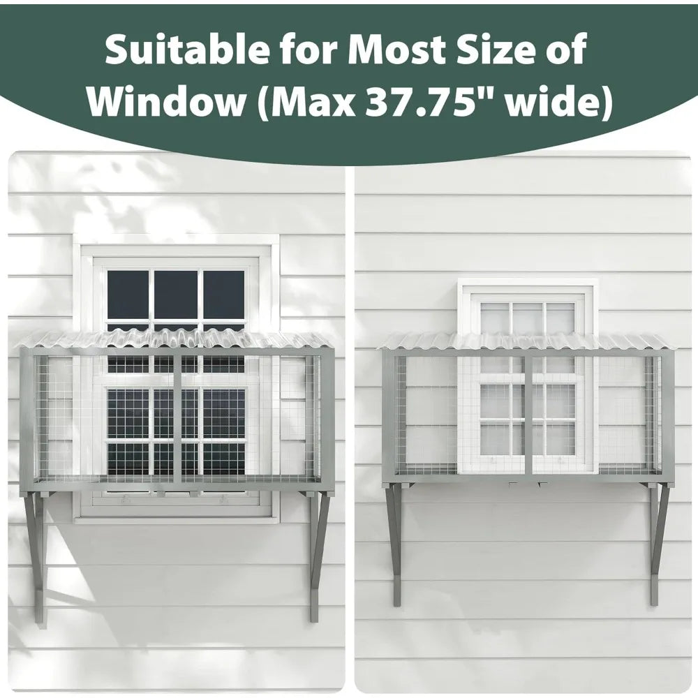 Wooden Catio, Weatherproof Outdoor Cat Enclosure with Galvanized Mesh and PVC Corrugated Tiles, Cat Window Perch