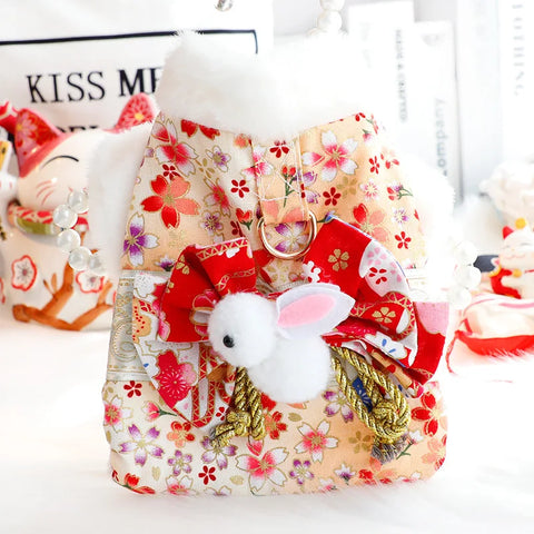 Dog skirt Cat Princess Romantic Cherry Blossom Kimono Cotton-padded Small Dog Teddy Pet Clothes
