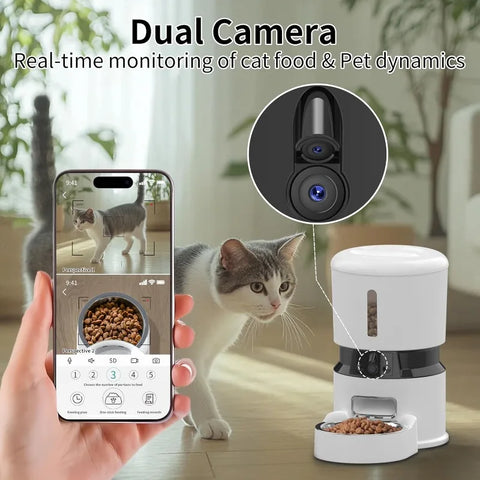 Automatic Cat Feeder 2 Cameras 1080P 5GHz WiFi Cat Food Dispenser Timed Programmable Pet Food Dispenser with Dual