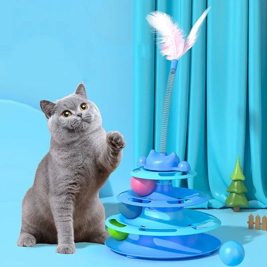 1pcs 4-Layer Feather Cat Turntable with Fun Toy Ball and Playing Stick – Interactive Entertaining Toy for Cats to Bat, Chase, and Play