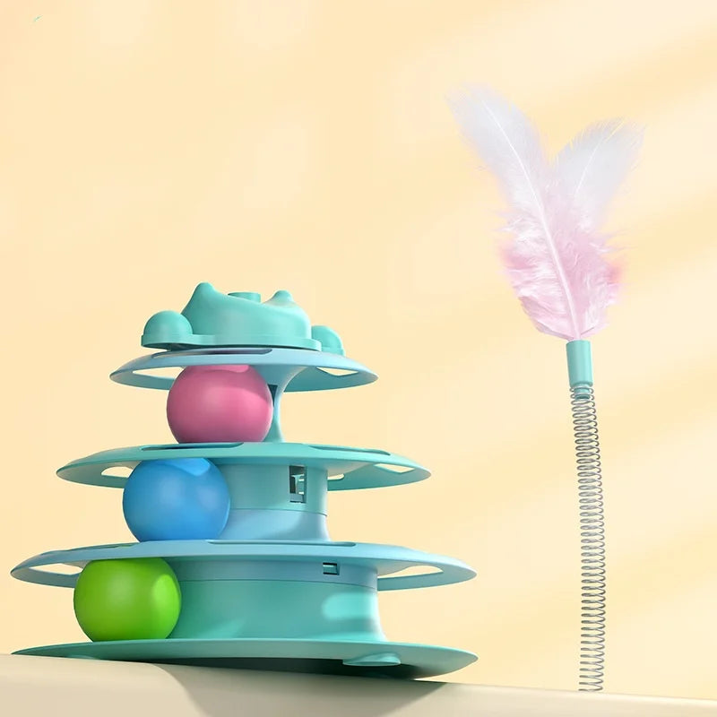 1pcs 4-Layer Feather Cat Turntable with Fun Toy Ball and Playing Stick – Interactive Entertaining Toy for Cats to Bat, Chase, and Play