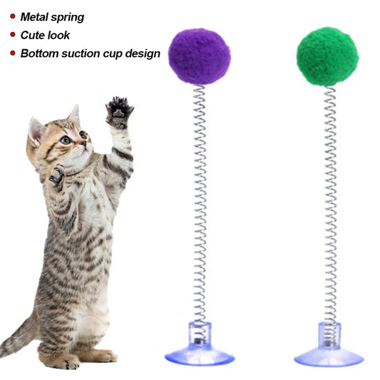 1pc Fur Ball Spring Cat Toy Suction Cup Multicolored Teaser Wand Interactive Toys Cat Scratcher Toys