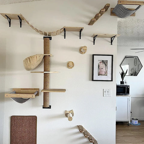 Cat Wall Climbing Shelf Four Step Stairway Scratching Post Bed Hiding House For Indoor Cats Tree Tower Pet Furniture Accessories