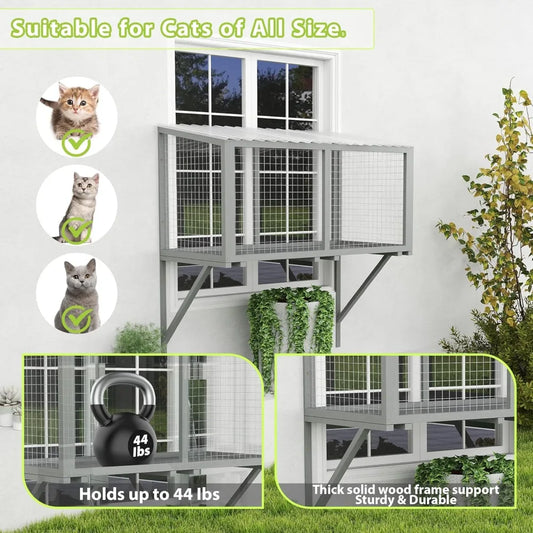 Wooden Catio, Weatherproof Outdoor Cat Enclosure with Galvanized Mesh and PVC Corrugated Tiles, Cat Window Perch