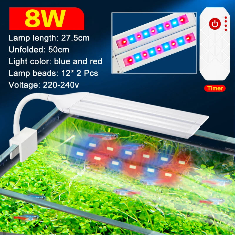Super Bright Clip Lamp LED Aquarium Light for Aquatic Plant Grow Fish Tank Full Spectrum Timing Lamp 220-240V 30~70CM 4W 8W 13W