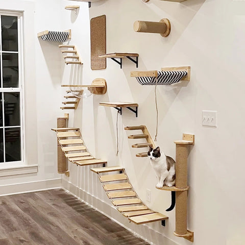 Cat Wall Climbing Shelf Four Step Stairway Scratching Post Bed Hiding House For Indoor Cats Tree Tower Pet Furniture Accessories