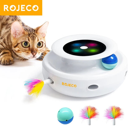 ROJECO 2 in 1 Smart Cat Toys Automatic Feather Fun Ball Toy Set 5 Modes Electronic Interactive Cat Toy Accessories