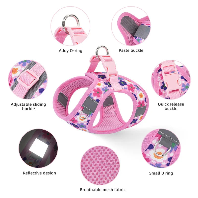 HP386--Pet cat & dog printed vest style harness, 360° fit to the pet's body shape, 1.5-meter dog rope