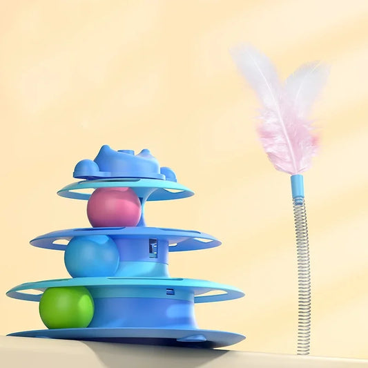 1pcs 4-Layer Feather Cat Turntable with Fun Toy Ball and Playing Stick – Interactive Entertaining Toy for Cats to Bat, Chase, and Play