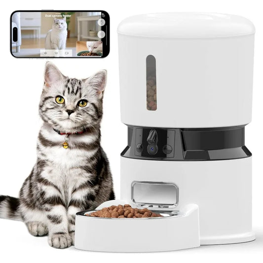 Automatic Cat Feeder 2 Cameras 1080P 5GHz WiFi Cat Food Dispenser Timed Programmable Pet Food Dispenser with Dual