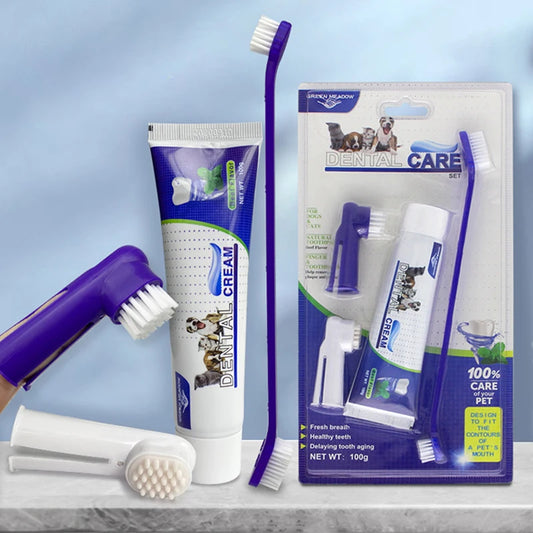 Pets Tartar Control Kit for Dogs Contains Toothpaste Toothbrush and Fingerbrush 4-Piece Dental Care