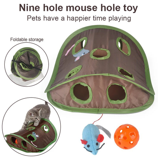 Cat Toy Folding Nine Hole Cloth Tunnel Plush Mouse Cat Grab Ball Bell Fun Decompression Convenient Storage Supplies