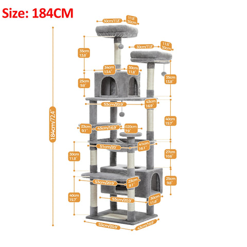 184cm Large Cat Tree and Tower for Indoor Cats With Sisal-Covered Scratching Posts Spacious Hammock Padded Perches and Condos