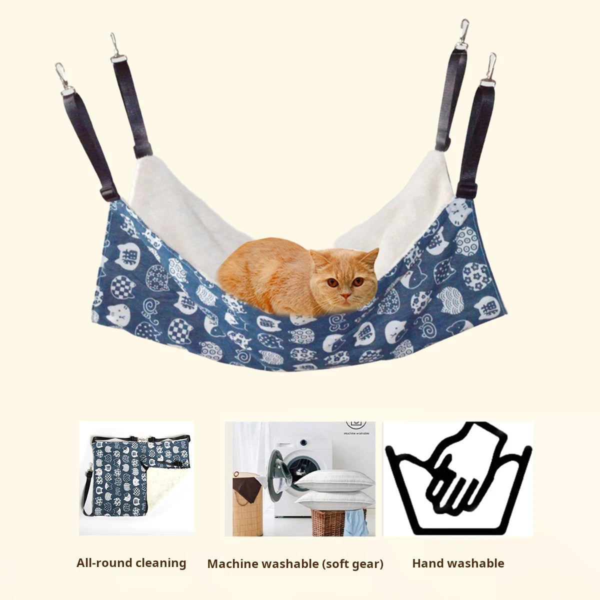 All-Season Cat Hammock for Cages, Durable Canvas & Linen, S/M/L Sizes, Easy Installation & Cleaning