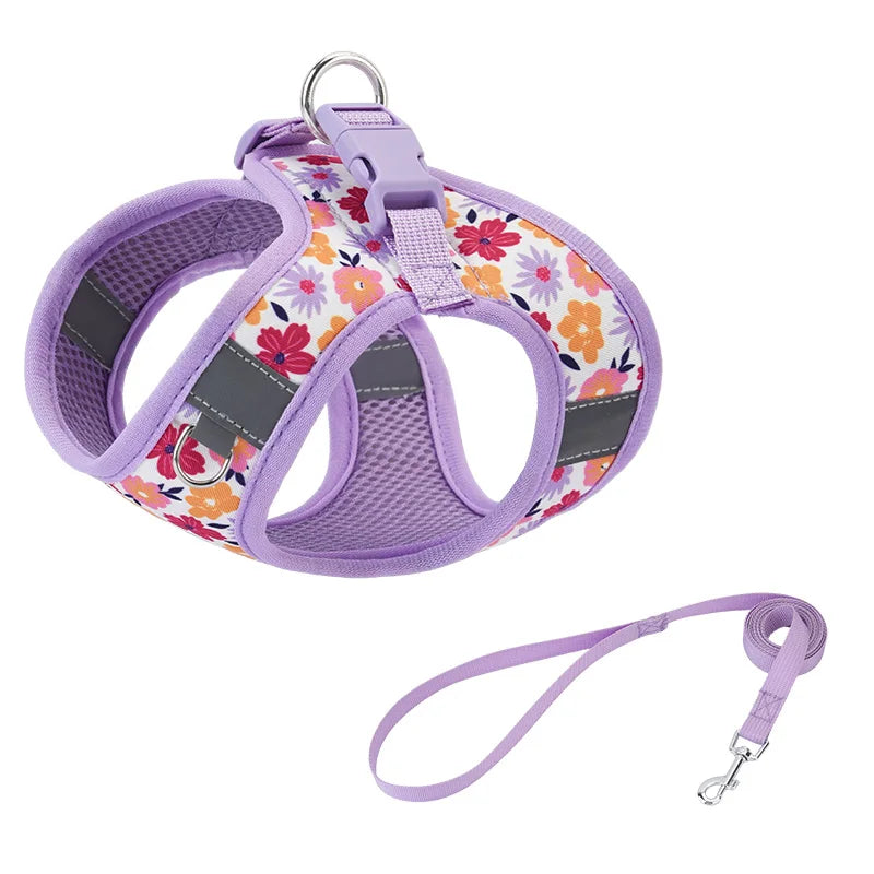 HP386--Pet cat & dog printed vest style harness, 360° fit to the pet's body shape, 1.5-meter dog rope