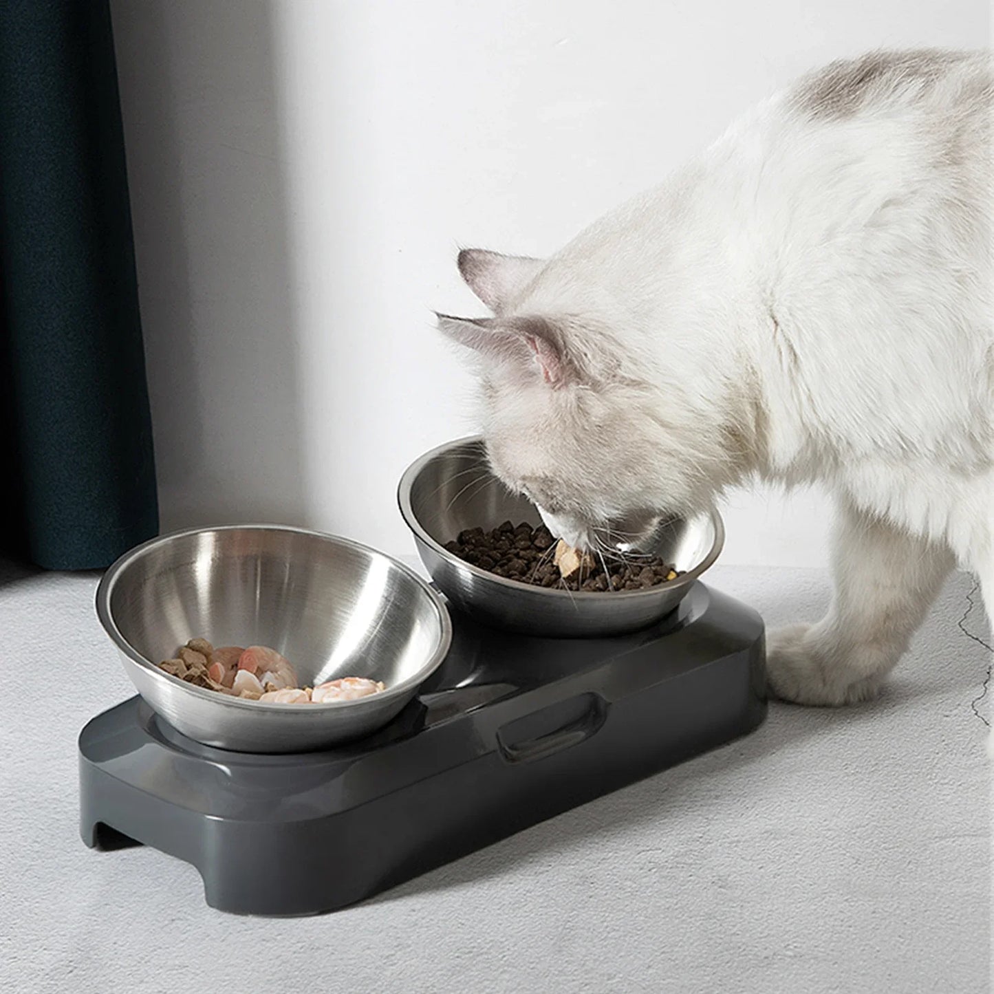 PETWAN Raised Cat Bowl Stainless Steel,Non-Slip Silicone Mat&Raised Cat Feeder with 15°&0°Tilting Neck Protective Bowl for Pets