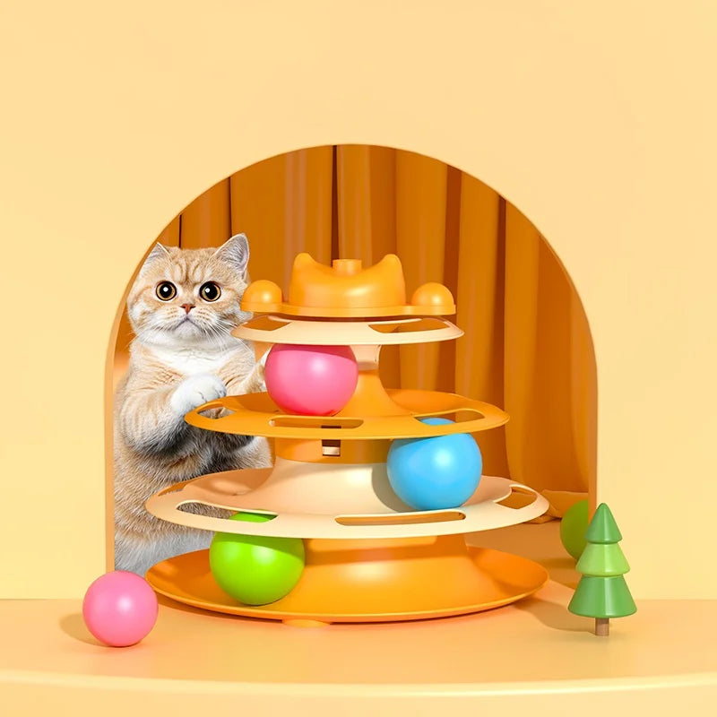 1pcs 4-Layer Feather Cat Turntable with Fun Toy Ball and Playing Stick – Interactive Entertaining Toy for Cats to Bat, Chase, and Play