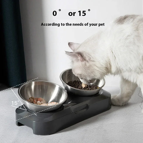 PETWAN Raised Cat Bowl Stainless Steel,Non-Slip Silicone Mat&Raised Cat Feeder with 15°&0°Tilting Neck Protective Bowl for Pets