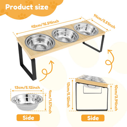Elevated Pet Bowls Wood Cat Bowl Stand with Stainless Steel Food 3 Bowls Wooden Dog Water Feeding Dish Non Slip Iron Rack