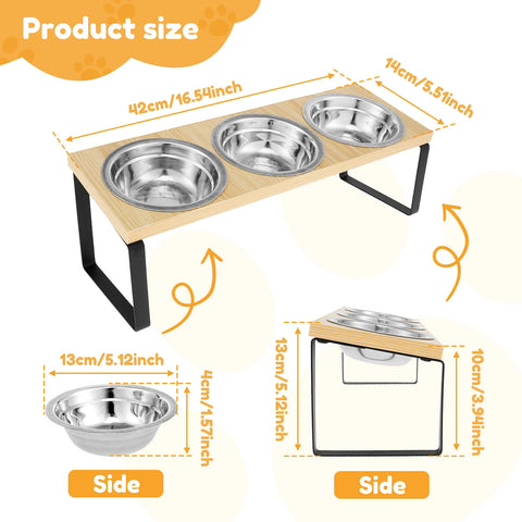 Elevated Pet Bowls Wood Cat Bowl Stand with Stainless Steel Food 3 Bowls Wooden Dog Water Feeding Dish Non Slip Iron Rack