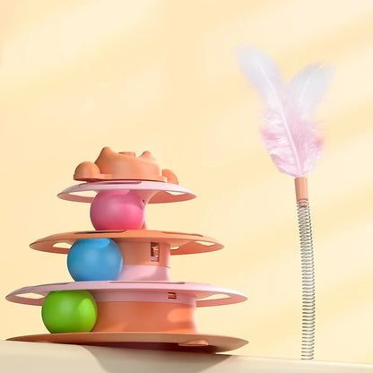 1pcs 4-Layer Feather Cat Turntable with Fun Toy Ball and Playing Stick – Interactive Entertaining Toy for Cats to Bat, Chase, and Play