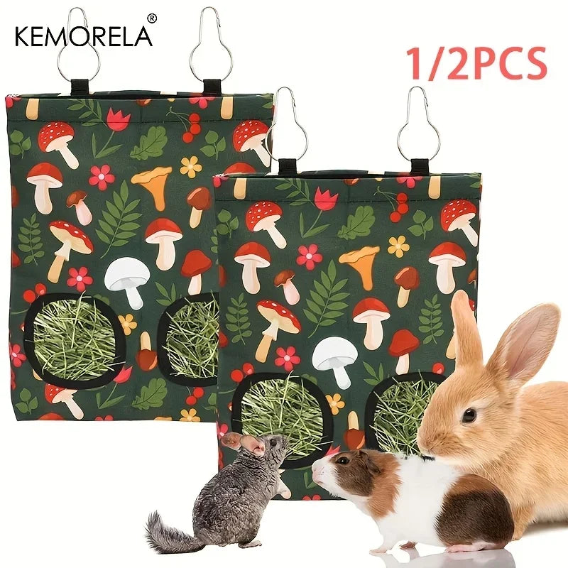 KEMORELA 1/2PCS Rabbit Hay Feeder Bag with 2 Holes Guinea Pig Hanging Hay Feeding Bag Storage for Chinchilla Hamster Bunny