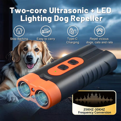 2025 Dual Head Ultrasonic Dog Repeller USB Rechargeable Dog Training Device High-Power Anti Bark Device with LED Flashlight