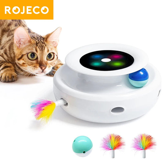 ROJECO 2 in 1 Smart Cat Toys Automatic Feather Fun Ball Toy Set 5 Modes Electronic Interactive Cat Toy Accessories