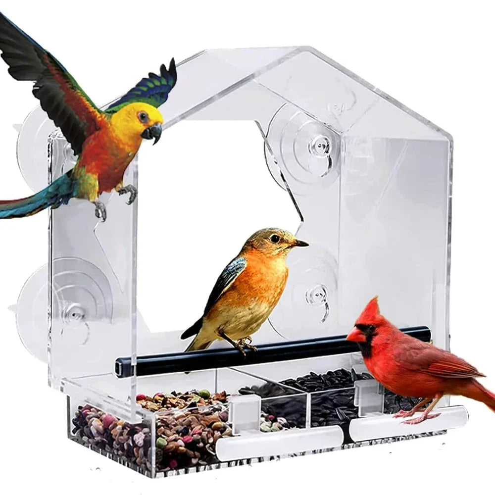 Acrylic Clear Glass Window Birds Hanging Feeder Birdhouse Food Feeding House Table Seed Cup Transparent Windowsill Birdfeeders