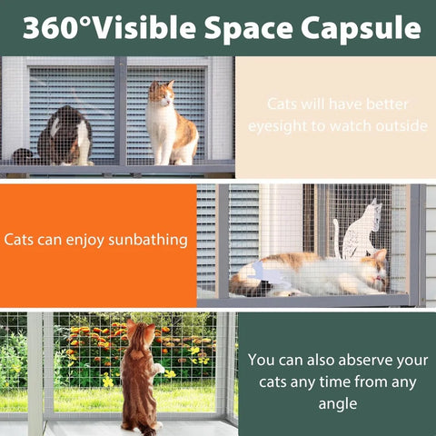 Wooden Catio, Weatherproof Outdoor Cat Enclosure with Galvanized Mesh and PVC Corrugated Tiles, Cat Window Perch