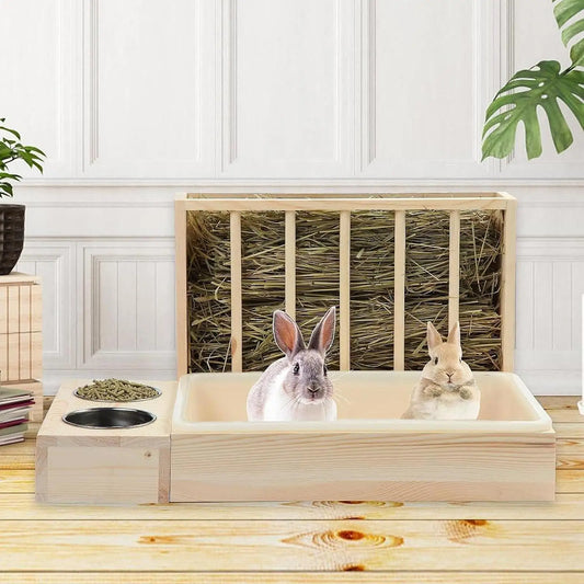 Rabbit Hay Feeder with Litter Box,Hay Holder with Bowls Less Waste Wood Bunny Hay Feeder for Guinea Pig Bunny Small Animals