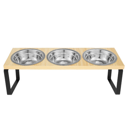 Elevated Pet Bowls Wood Cat Bowl Stand with Stainless Steel Food 3 Bowls Wooden Dog Water Feeding Dish Non Slip Iron Rack