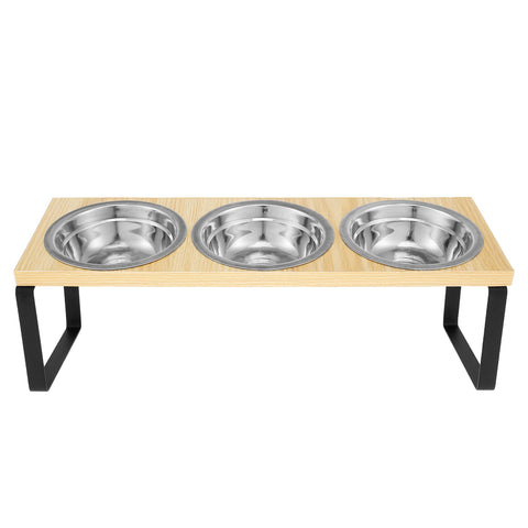 Elevated Pet Bowls Wood Cat Bowl Stand with Stainless Steel Food 3 Bowls Wooden Dog Water Feeding Dish Non Slip Iron Rack