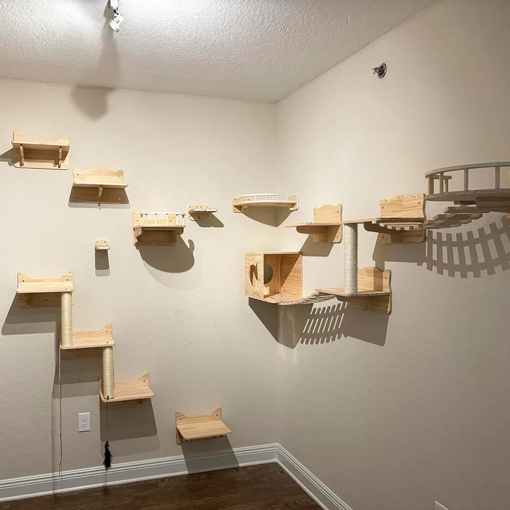 Wall Mounted Cat Climbing Shelves Cat House Cat Bridge Cat Hammock with Scratching Post and Pedals or Stairway for Kittens