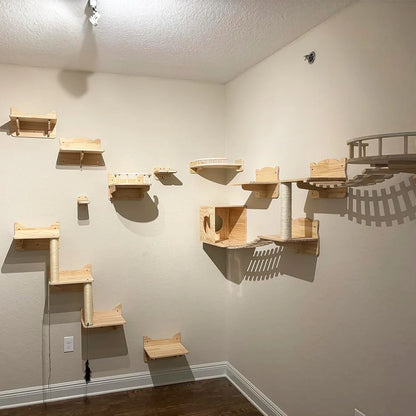 Wall Mounted Cat Climbing Shelves Cat House Cat Bridge Cat Hammock with Scratching Post and Pedals or Stairway for Kittens
