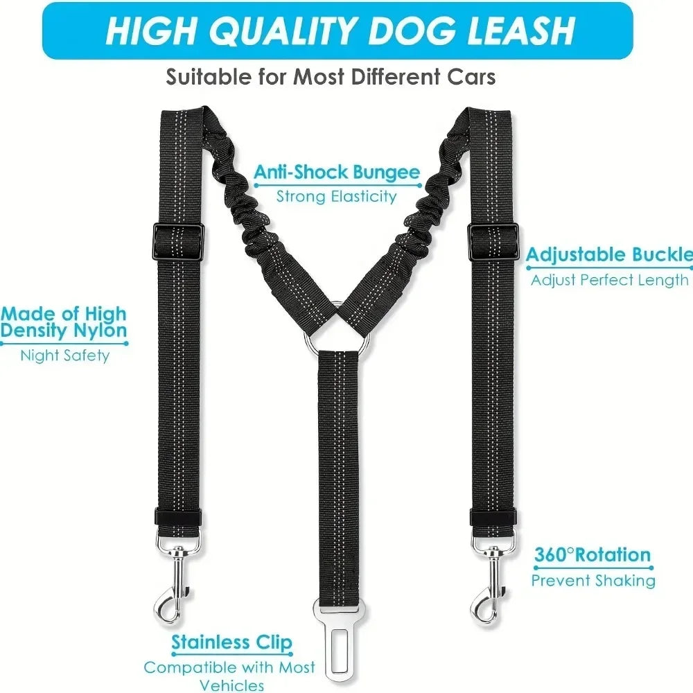 Adjustable Elastic Car Harness Seat Belt with Shock Double Dog Safety Seat Belt Reflective Dog Car Restraint for Pet Safety Belt